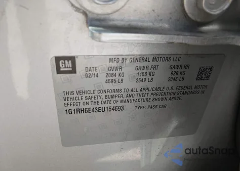 2014 Chevrolet Volt из США, поврежденный, VIN 1G1RH6E43EU154693